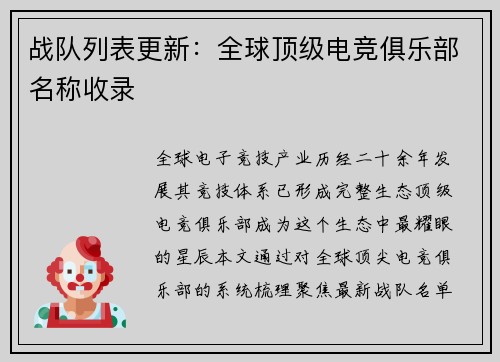 战队列表更新：全球顶级电竞俱乐部名称收录